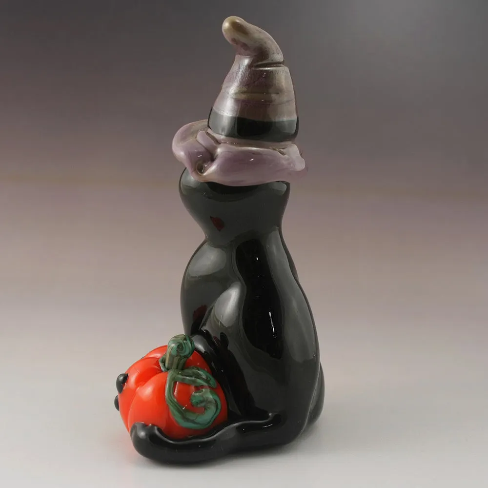 Black Cat with Halloween Witches Hat and Jack-O-Lantern Sculpture