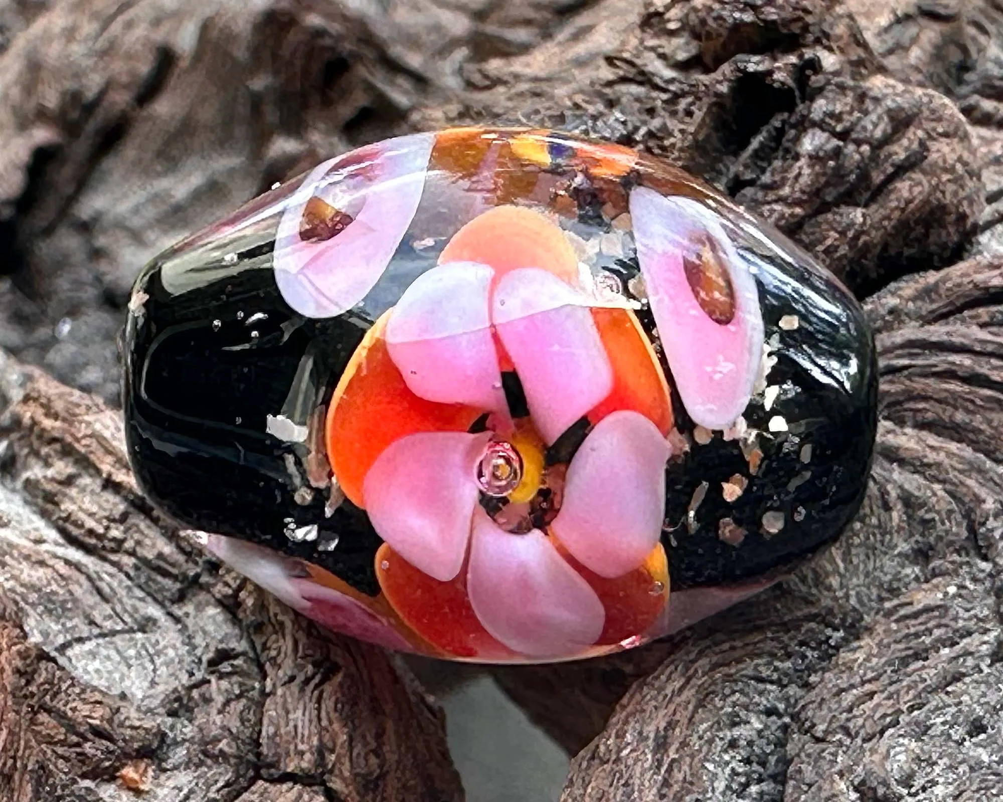 Orange Pink Floral Lampwork Focal Bead SRA